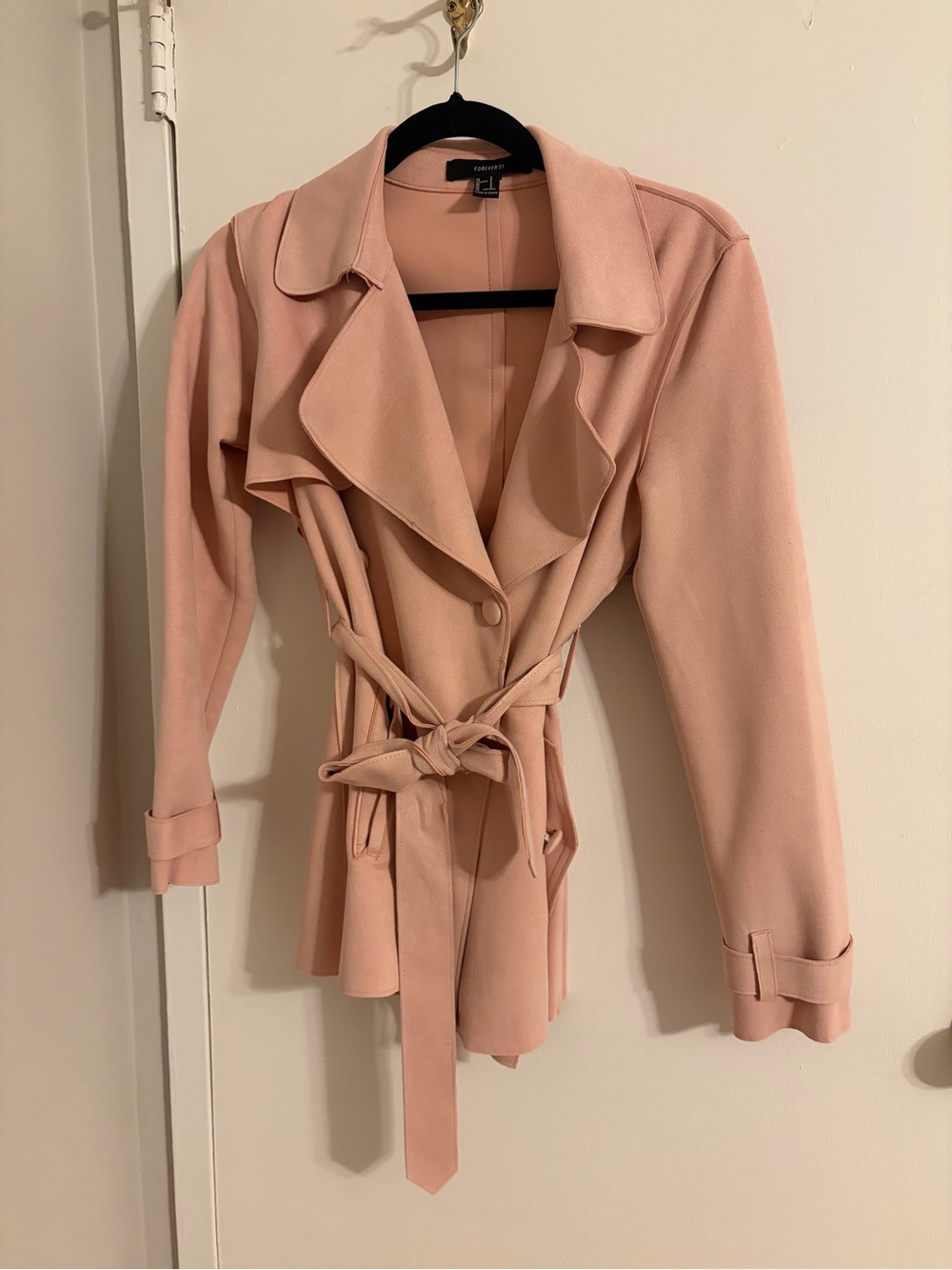 Forever 21 Suede Pink Tie-Waist Trench Jacket - Feminine Draped Collar